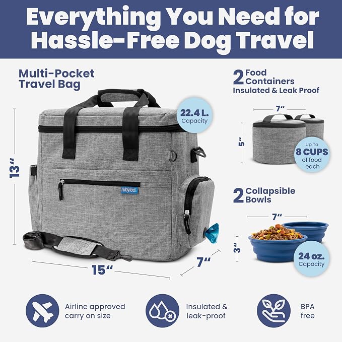 Rubyloo Original Doggy Bag™ Dog Travel Bag for Supplies with Travel Bowls | 2 BPA-Free Collapsible Bowls, 2 Pet Food Containers, TSA-Ready, Road Trips, Camping, Weekend Getaways, Doggy Gift, Grey - Image 3