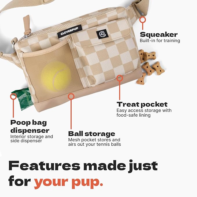 Cleverpup Walk & Train 2-in-1 Dog Walking Bag - Hands-Free Training Crossbody Sling & Fanny Pack with Treat Pouch, Poop Bag Holder, Phone Pockets - Adjustable Waist or Shoulder Strap - Checkerboard - Image 6