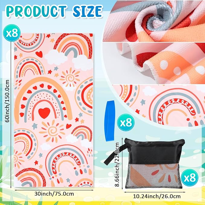 Tingjoo 24 Pcs Kids Microfiber Beach Towel Set 8 Beach Towels Bulk with 8 Storage Bags 8 Beach Ties 30" x 60" Unicorn Mermaid Dolphin Flamingo Quick Dry Towel for Pool Swim Bath Picnic Camping (Girls) - Image 2