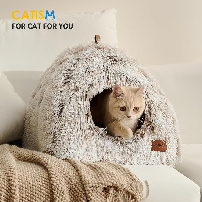 CATISM Cat Bed, Cat Cave for Indoor Cats, Soft Cat Dome, Self-Warming 2 in 1 Foldable Pet Cat House with Washable Cushioned Pillow Calming Fluffy Dog Beds for Small Dogs with Anti-Slip Bottom Brown | Soft Warm Washable Anti-Slip Bottom Removable Fluffy... - Image 7