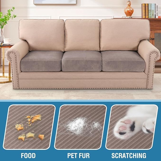 H.VERSAILTEX Velvet Stretch Couch Cushion Cover Plush Cushion Slipcover for Chair Loveseat Sofa Cushion Furniture Protector Seat Cushion Sofa Cover (3 Piece Sofa Cushion Covers, Taupe Striped) - Image 3