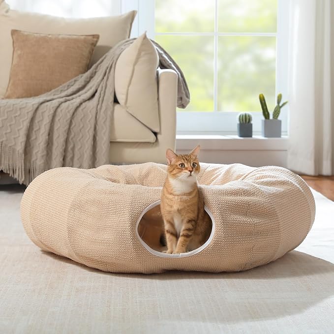 PEQULTI Cat Donut Tunnel with Bed for Indoor Cats, Cat Play Tunnel with Washable Soft Plush Mat, Round Tube Toys Cute Tube for Kittens, Puppies, Rabbits and Ferrets, Beige - Image 8