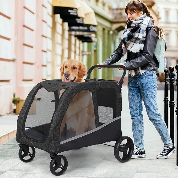 Dog Stroller for Large Dogs, Extra Large Pet Stroller for Medium Dogs, Dog Wagon Carriage, Foldable Design, Adjustable Handle, with Pocket, Up to 130 lbs, Black
