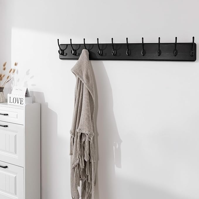 SKOLOO Large Black Wall Mounted Coat Rack - 38.6'' Long Coat Rack for Wall, Pine Solid Wood Coat Hook Hanger - 10 Hooks for Hanging Clothes Backpack Coats - Image 2