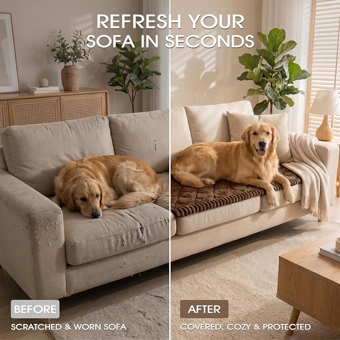 Non-Slip Washable Couch Cover for Dogs, Thick Plush Grid Flannel | 27.6"x70.9", Brown, 0.8" Thick, Rubber Dot Backing, Pet-Friendly Protector for Sofa, Floor, Window Bench, Car Seat or Camping - Image 8