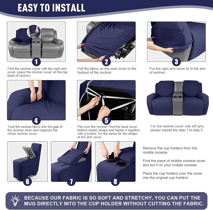 KinCam Loveseat Recliner Covers with Middle Console Slipcover, Dark Blue | Stretch Recliner Sofa Covers for 2 Seat Couch Cover, Jacquard Furniture Protector Covers with Elastic Bottom for Kids, Pets - Image 5
