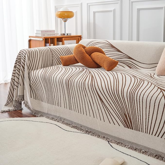 VClife XL Sofa Cover Chenille Couch Cover for 3 Cushion Couch Sofa, Modern Beige Chocolate Striped Couch Covers for Kids Washable Sectional Sofa Protector with Tassel 71"X134" - Image 8