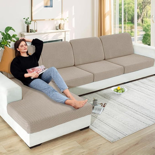 YEMYHOM Stretch Individual Cushion Covers Sofa Seat Cushion Slipcovers Soft Couch Cover Replacement Large Checkered Furniture Protector with Elastic Bottom (3 Pc Cushion Cover, Khaki) by YEMYHOM