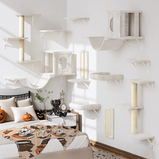 12-in-1 Cat Wall Shelves, Luxury Wall-Mounted Cat Climber Set | with Condos House, Scratching Post, Bridge Ladder, Indoor Space-Saving Furniture for Kittens, Beige by NUNULAB