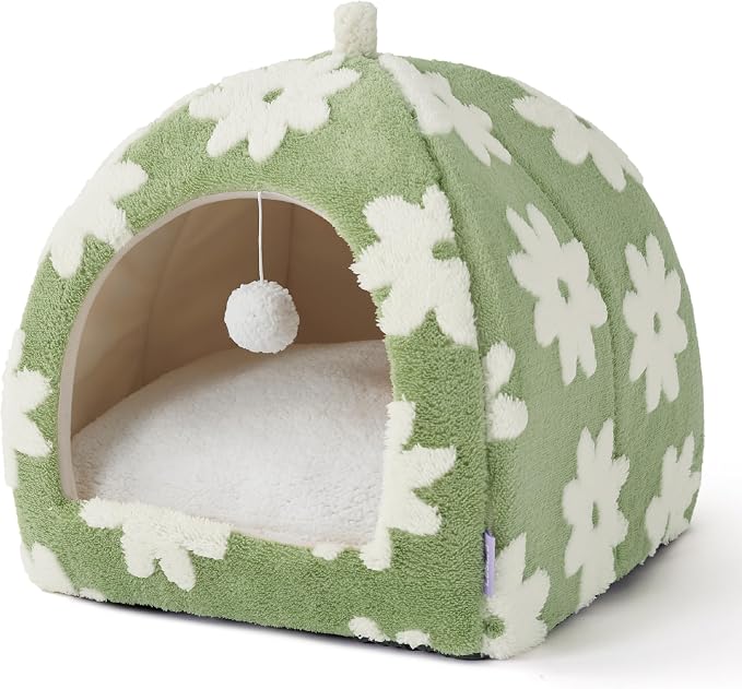 Lesure 2in1 Cute Cat House for Kitten with Washable Cushioned Pillow,17.3in | Cat Beds for Indoor Cats,Small Pet Cave Tent,Cozy Enclosed Foldable Hideaway,Fluffy Ball,Anti Slip Bottom,Hand Strap,Green - Image 7