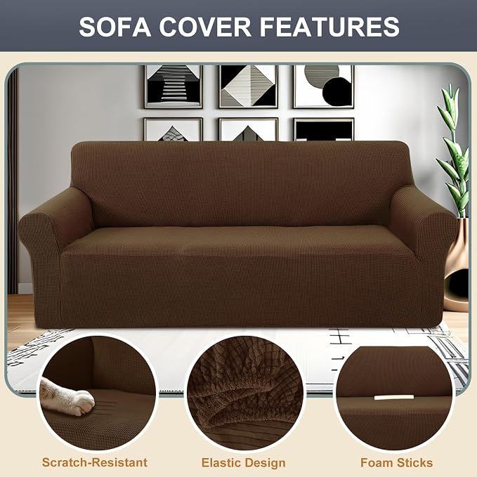 Stretch Oversized Sofa Couch Cover Washable Slipcover, Brown | 1-Piece X-large Sofa Cover For 3 Cushion,Furniture Protector Couch Cover For Dogs, Polyester Spandex Jacquard fabric - Image 3