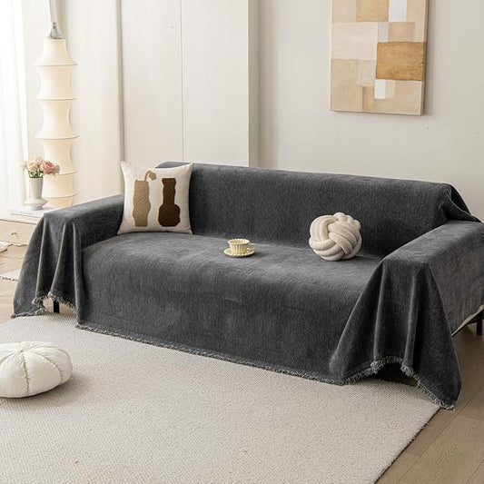 DREAMINGO Modern Chenille Couch Cover Blanket Washable Sofa Covers for 3 Cushion Couch Diamond Weave Textured Furniture Protector for Dogs Soft Dark Grey Couch Throw Cover, X-Large 71"x134" by DREAMINGO