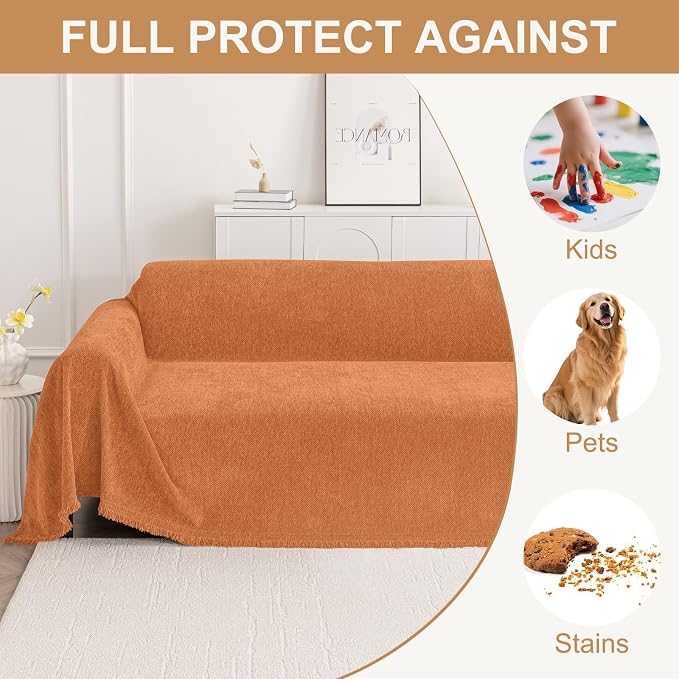 Smiry Couch Cover for Dogs, Chenille Sofa Covers for 3 Cushion Couch | Washable Soft Sofa Slipcover for Pets, Thick Sectional Furniture Protector with Tassels (Orange, 71x102 Inch) - Image 3