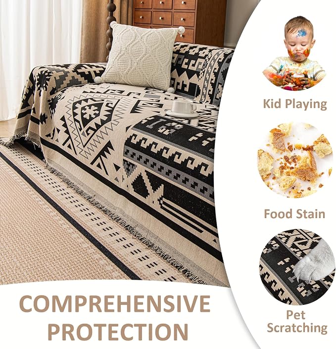 VClife Boho Couch Cover, Aztec Sofa Cover for Dog, Non Slip Washable Couch Covers for 3-4 Cushion Couch Sofa, Reversible Triangle Geometric Futon Cover Furniture Protector (Black-Beige, 71" x 150") - Image 4