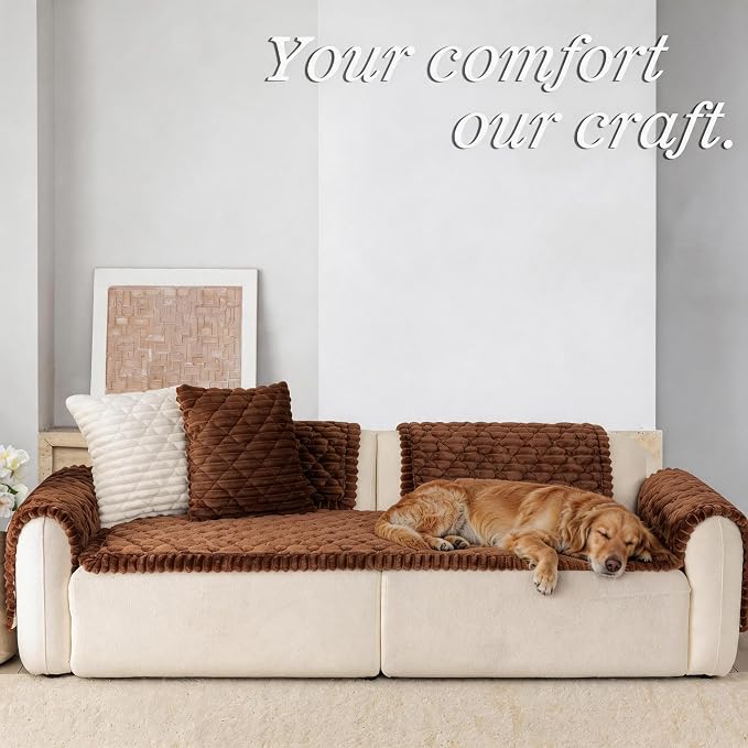 Luxury Fuzzy Pet Couch Cover for Dogs,Washable Sofa Cover, Non-Slip Sofa Protector for 3 Cushion Couch, Thick Plush Furniture Cover, Elegant Pet-Friendly Home Décor（Brown,28"x71" - Image 3