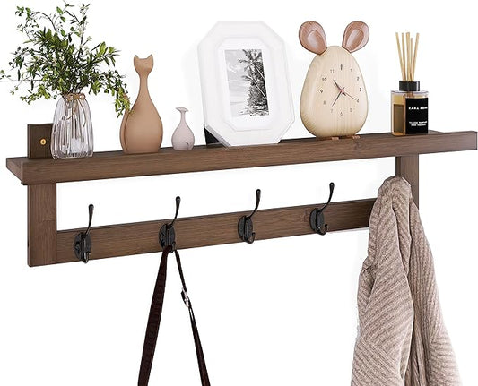 SMIBUY Coat Hooks with Shelf Wall-Mounted, 29.2 Inch Entryway Coat Rack for Wall, Bamboo Hanging Shelf with 5 Double Metal Hooks for Bathroom, Bedroom, Kitchen, Living Room, Mudroom (Walnut) by SMIBUY