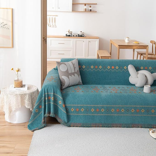 VClife Boho Couch Cover Green Geometric Jacquard Pattern Sofa Cover, 1 Piece Large Couch Covers for 3 Cushion Couch Sofa Washable Plush Chenille Sofa Protector for Living Room, 71x150 Inch by VCLIFE