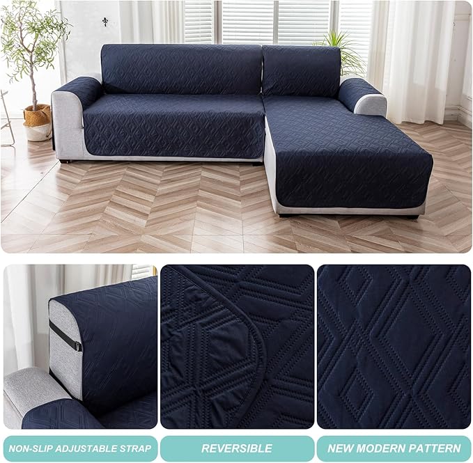 Genina Waterproof L Chaise Sectional Cover for Kids Pets (Navy Blue, Sofa Large) - Image 5