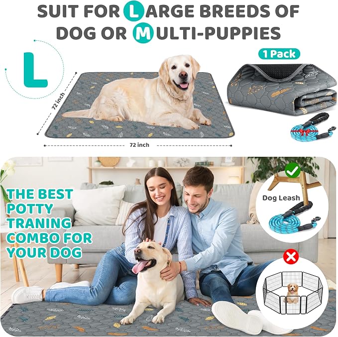 72"x72" Washable Pee Pads for Dogs, Reusable & Absorbent | Large reusable dog pads with 60''L Dog Leash,leakproof non-slip backing,for crates,playpens,beds and potty training - Image 2