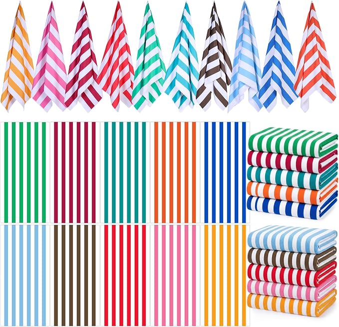 EBOOT 10 Pack Oversized Beach Towel Set Extra Large Pool Towels Microfiber Quick Dry Swim Blanket for Adult Women Men Face Hand Body Bath Travel Pool(Bright Color,31 x 63 Inch,Cabana Stripe) by eBoot
