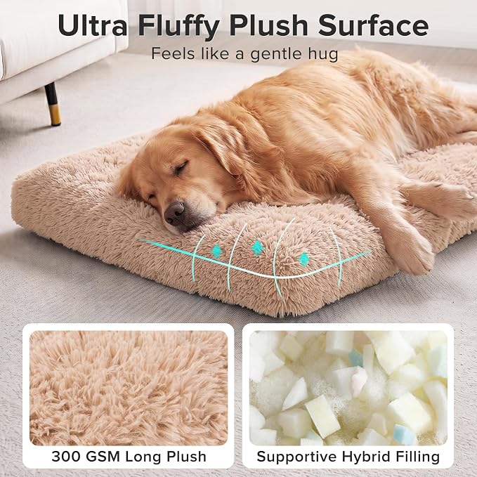 JOEJOY Dog Bed Crate Pad, Deluxe Plush Washable Dog Beds Fulffy Soft Kennel Pad Anti-Slip Pet Sleeping Mat for Medium Small Dogs, 29" x 21", Beige - Image 2
