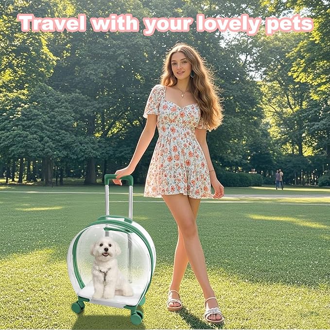 Pet Carrier with Wheels - Transparent PC Material, Sturdy and Breathable Design, Convenient Handle, Suitable for Cats and Dogs (Green)
