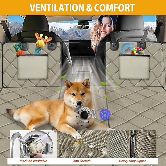 Back Seat Extender for Dogs-Large Space, Dog Car Seat Cover Hard Bottom Holds 420lbs, Sturdy Backseat Extender for Dogs, Upgraded Waterproof Pet Car Bed Dog Hammock for Car SUV, Truck Khaki - Image 6