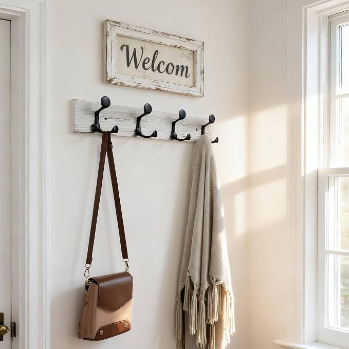 SKOLOO 24-Inch Wood Coat Rack Wall Mount with 4 Triple Hooks - Ideal for Family Entrances, Classrooms, and Pet Supplies Storage - Perfect Coat Hooks for Wall,Distressed White Wash, Pack of 2 - Image 2