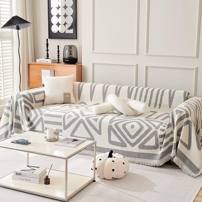 VClife Boho Sofa Covers Slipcover Protector for Oversize Couch, White Gray Plaid Triangle Jacquard Couch Cover for 3-4 Cushion Couch Sofa, Modern Living Room Furniture Protector, 71"X150" - Image 2