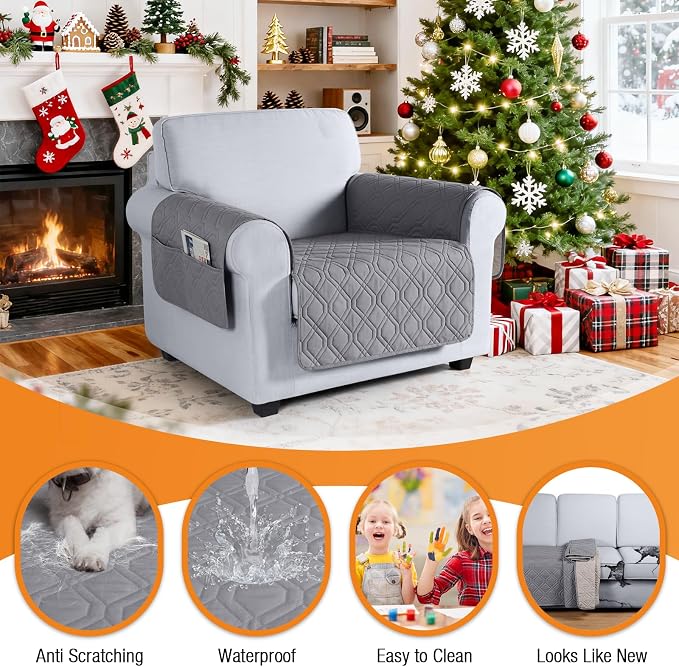 VANSOFY Waterproof Chair Seat Cover for Pets, Light Gray, 22" | Non-Slip, Washable, Utility Pockets, Pet Friendly, Furniture Protector Slipcover for 1 Seater Couch - Image 3