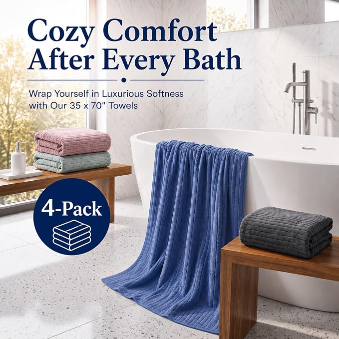 4 Pcs Extra Large Bath Towel Set 35"x70" Oversized Microfiber Bath Sheet Soft Quick Dry Absorbent Towel Gray Brown Green Coral Fleece Bathroom Sheet for Adult Beach Pool Spa Body - Image 3