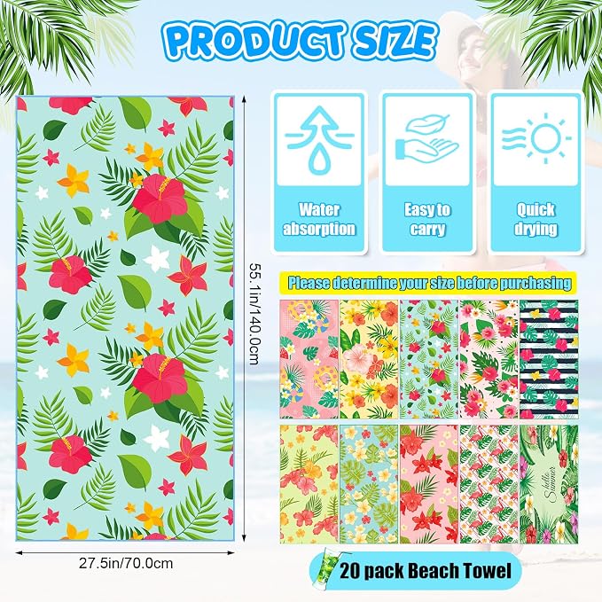 FuWeave 20 Pack Microfiber Beach Towel 28 x 55 Inch Oversized Large Quick Dry Thin Beach Towels for Pool Camping, Sand Free Lightweight Blanket for Women Adults Travel Swimming Sport (Fresh Floral) - Image 2