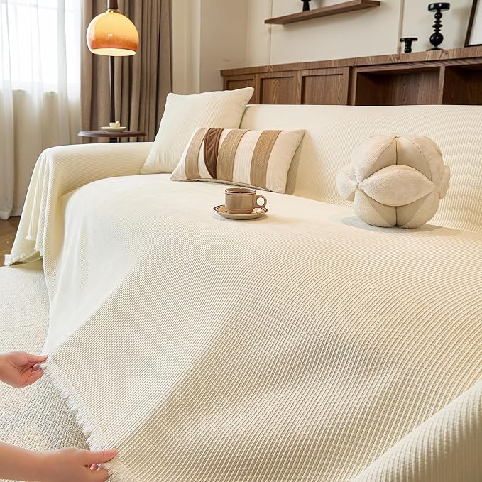 VClife Vintage Creamy White Striped Couch Cover with Tassel, 71" X 150" | Soft Thick Chenille Couch Covers for 3 Cushion Couch Sofa, Washable Sofa Covers for Sectional Sofa, Fade & Shrink Resistant - Image 5