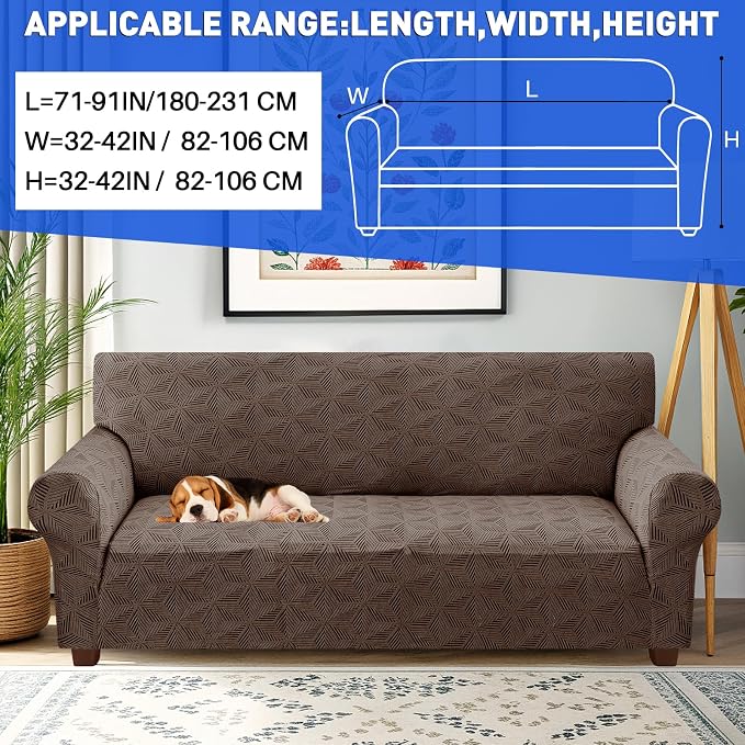 YEMYHOM 1 Piece Stretch Couch Covers for 3 Cushion Couch, Jacquard Sofa Cover with Non-Slip Elastic Bottom, Thickened Slipcover Furniture Protector for Dogs Pets (Large, Brown） - Image 2