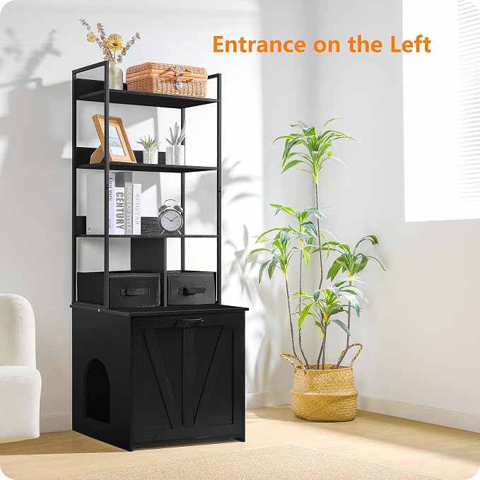 DWANTON Litter Box Enclosure with 3 Storage Shelves and 2 Drawers, 2-in-1 Hidden Cat Litter Box Enclosure Furniture with Shelf, Reversible Entrance, Washable Drawers, 61.8-Inch, Black - Image 5