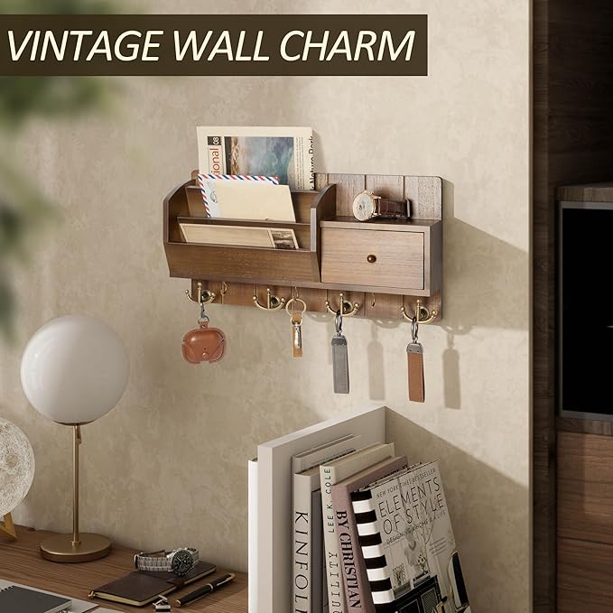 Rebee Vision Key Holder Wall Mount with 7 Hooks for Entryway,Brown & Golden | Mail and Key Organizer for Wall, Sorts Letters and Files, Keeps Small Items Organized, Key Hanger, Ideal for Home Decor - Image 4