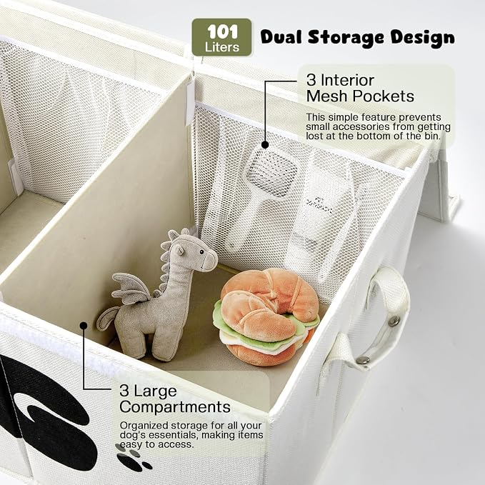 Dog Toy Basket with Lid, 3 Compartments Dog Basket for Toys, Dog Toy Box with 2 Removable Dividers, Collapsible Storage Bins for Dog Toys, Dog Storage Organizer, Beige - Image 3