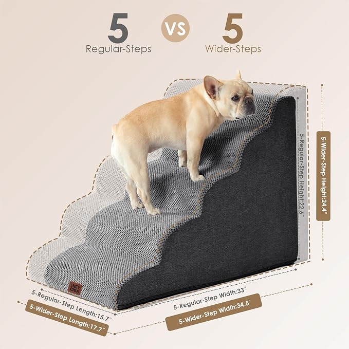 EHEYCIGA Curved Dog Stairs Ramp for High Beds, 5-Step Extra Wide Dog Steps for Small Dogs and Cats, Pet Stairs for High Bed Climbing, Non-Slip Balanced Pet Step Indoor, Grey - Image 4