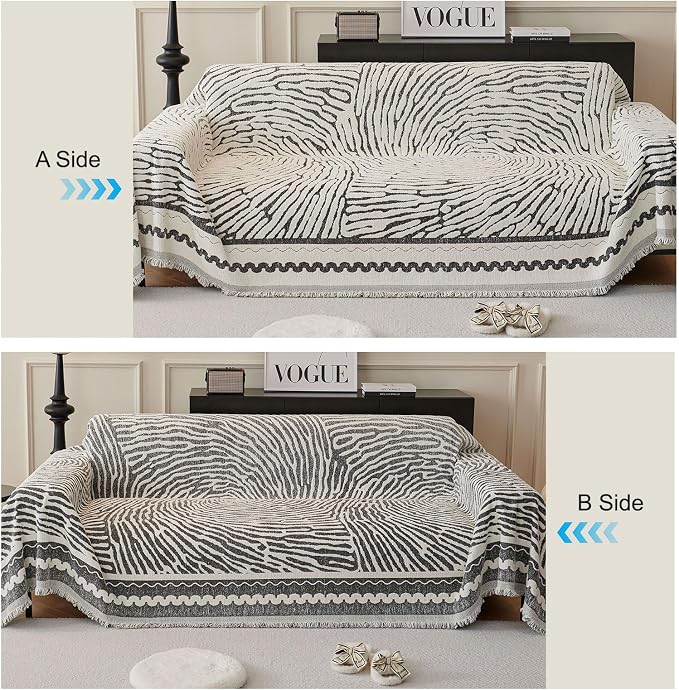 ROOMLIFE Thicked Striped Couch Cover with Tassel Black Chenille Sofa Cover Blanket for Sectional Sofa, Soft Sofa Slipcovers for L Shaped Love Seat 2-3 Cushion Couch Anti Slip Sofa Protector, 71"x134" - Image 4