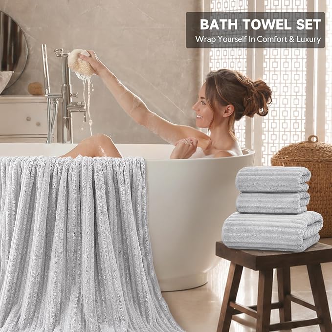 Extra Large Bath Towel Set 10 Piece, XL Bath Towels 35"x67" Oversized Bath Sheets, 280 GSM Microfiber Quick Dry Absorbent Towels, 5 Bath Sheets & 5 Hand Towels (Light Gray) - Image 3