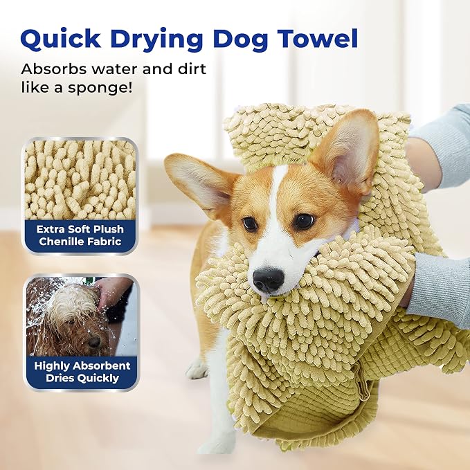 Muddy Mat® Doggy Dryer, Highly Absorbent Microfiber Washable Dog Shammy, Quick Drying Towel Absorber, Extra Soft Plush Wrap Chenille Bath Towels to Dry Soggy Large Pets & Small Puppy - Beige - Image 2