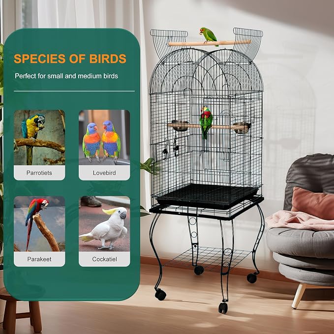ZENY 63.5 Inch Open-Top Birdcage, Wrought Iron Bird Cage with Slide-Out Tray + Detachable Rolling Stand, Pet Parrot Cage for Parakeets Cockatoo Cockatiels, Play-Top Birdcage - Image 2