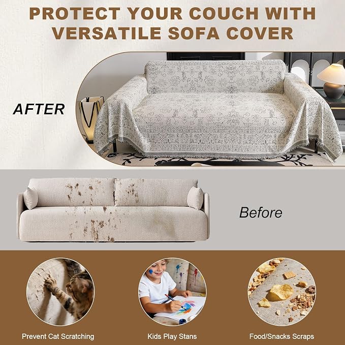 ROOMLIFE Couch Cover Boho Sofa Covers for 3 Cushion Couch Washable | Furniture Protector Sofa Couch Cover for Dogs, Soft Breathable Sofa Slipcover, Couch Throw Blankets with Tassels 71''X118'' - Image 4