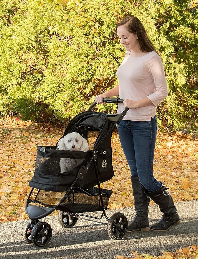 Pet Gear No-Zip Special Edition 3 Wheel Pet Stroller for Cats/Dogs, Zipperless Entry, Easy One-Hand Fold, Removable Liner, Cup Holder, Gold Monogram