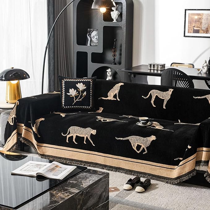 Chenille Sofa Cover with Tassels, Non-Slip Couch Cover for Seat Sofas, Washable Furniture Protector for Pets & Kids, Modern Leopard Pattern Chenille Blanket (Black, 71"x134") - Image 2