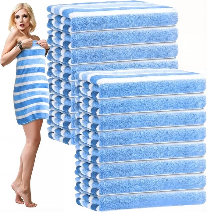 SmoothNovelty 16 Pack Microfiber Bath Towels Bulk 27'' x 60'' Oversized Size Bath Towel Highly Absorbent Extra Large Soft Drying for Beach Shower Summer Salon Sport Gym Party (Wide Stripes,Blue) by SmoothNovelty