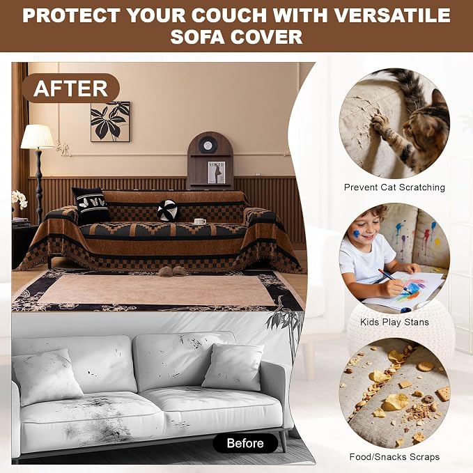 ROOMLIFE Dark Brown Couch Cover 3 Cushion Sofa, Washable Non Slip Furniture Sofa Protector Cover, Soft Chenille Sofa Slipcovers Sectional L Shape Dogs Couch Cover Throw Blanket with Tassels71''X118'' - Image 2