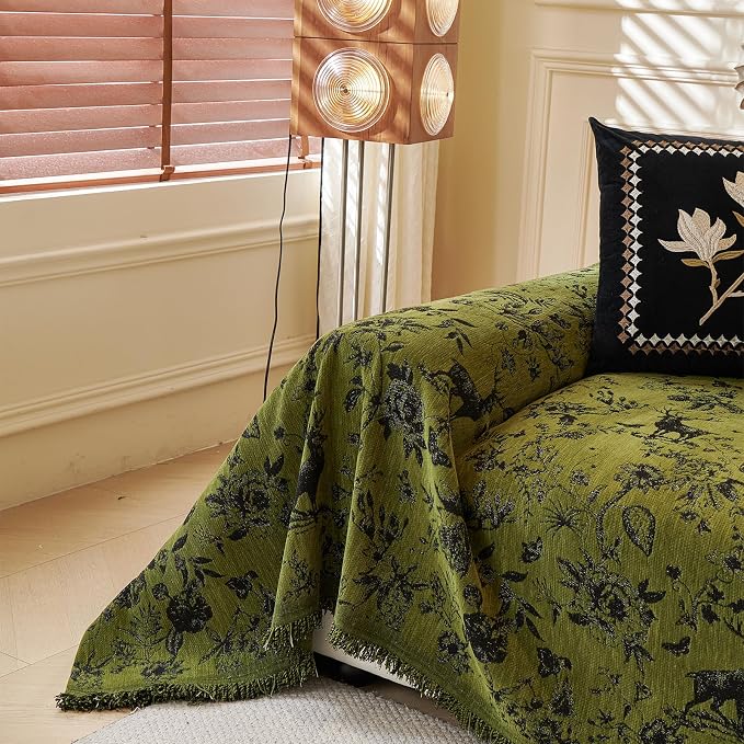 ROOMLIFE Green Sofa Cover, Vintage Boho Couch Cover for 3 Cushion Sofa, Non Slip Soft Chenille Sofa Slipcovers for Dog, Washable Furniture Sofa Protector Cover with Tassel for Living Room, 71''X118” - Image 6