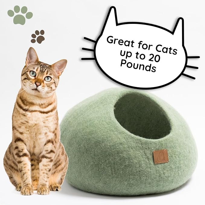 Extra Thick Felted Wool Cat Cave Bed Your Pet Will Love - Cozy and Warm Hideaway for Sleeping & Relaxing - Large and Small Pets - 100% Organic, Durable, Long-Lasting Comfort (Eucalyptus Green, Small) - Image 4