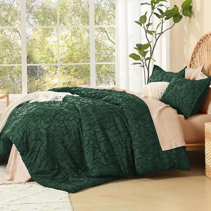 Litanika Queen Size Comforter Set Emerald Green, 3 Piece Dark Green Boho Tufted Bedding, Forest Green Fluffy Farmhouse Bed Set for All Season with 2 Leaf Pattern Pillowcases（90x90In） - Image 4